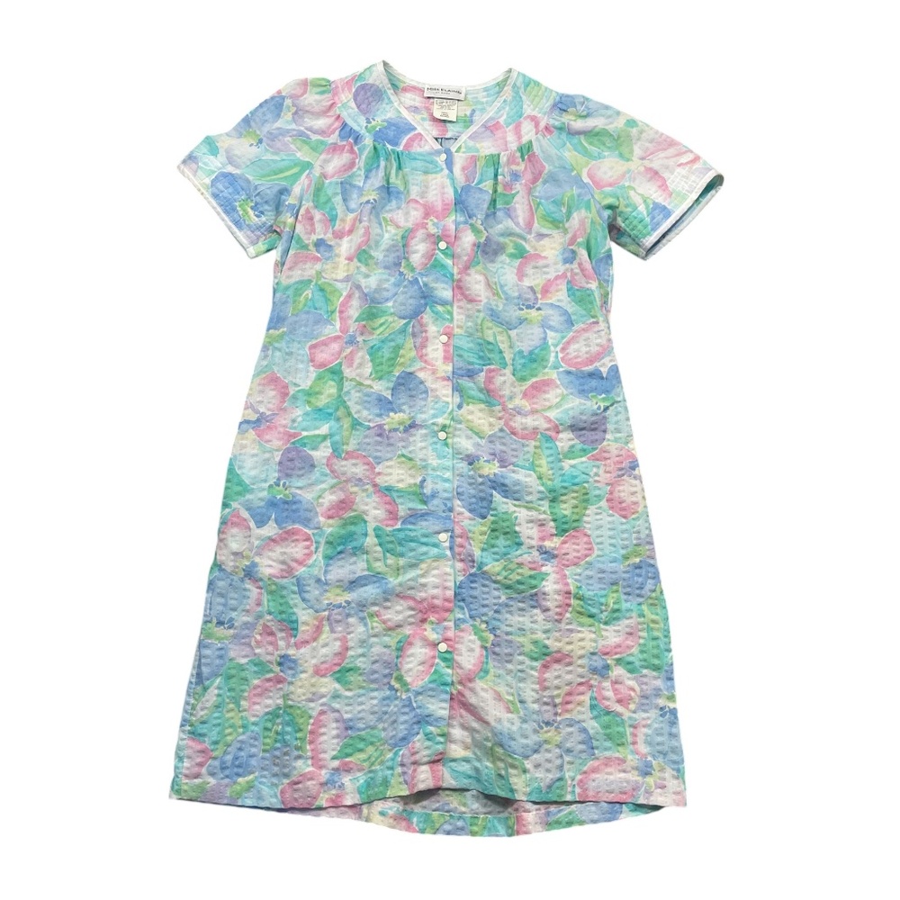 Miss Elaine Large Floral Cotton Blend Snap Front Robe‎ Pastel Colors